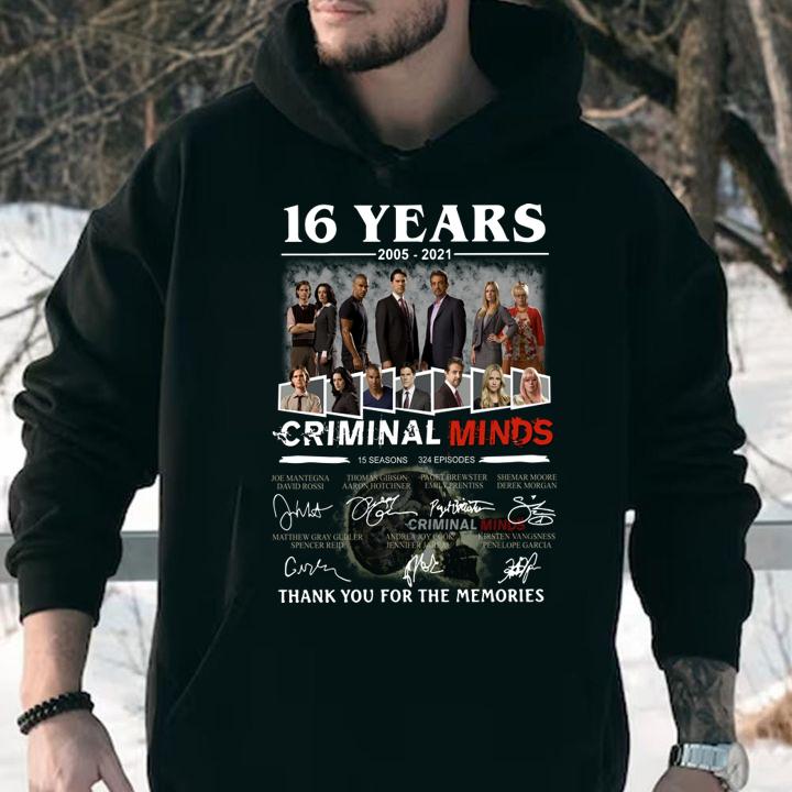 Criminal Minds 16 years 2005-2021 15 seasons 324 episodes signatures thank you for the memories t-shirt hoodie