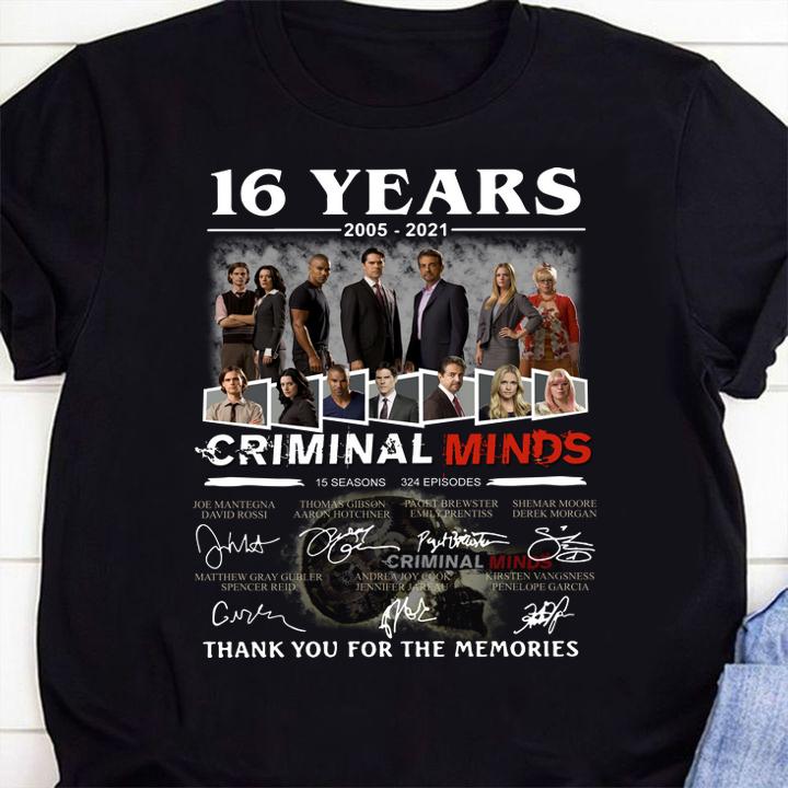 Criminal Minds 16 years 2005-2021 15 seasons 324 episodes signatures thank you for the memories t-shirt shirt