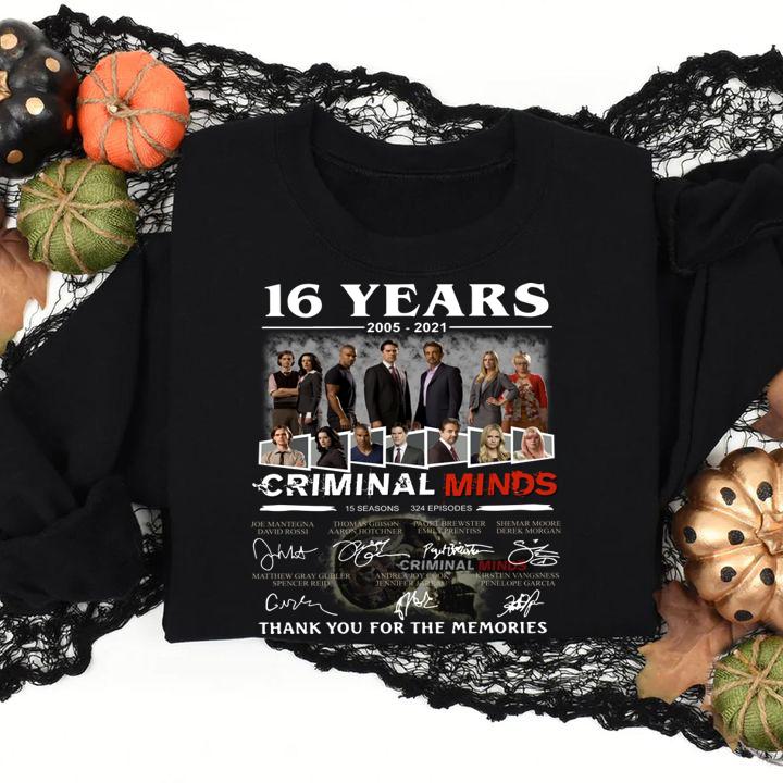 Criminal Minds 16 years 2005-2021 15 seasons 324 episodes signatures thank you for the memories t-shirt sweatshirt