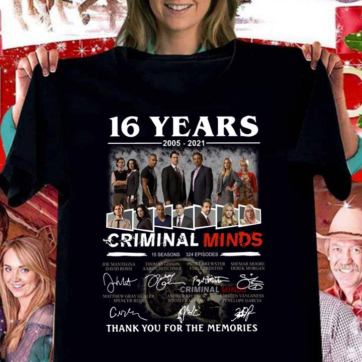 Criminal Minds 16 years 2005-2021 15 seasons 324 episodes signatures thank you for the memories t-shirt woman shirt