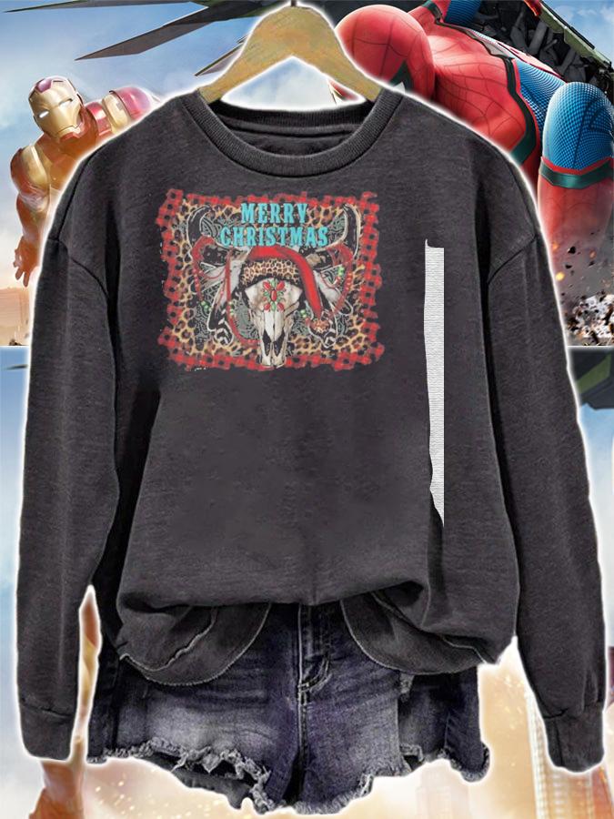 Merry christmas western bull skull distressed background t-shirt b09jynl4tk t-shirt sweatshirt
