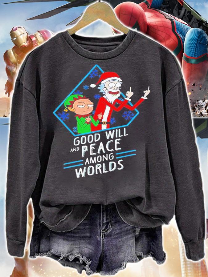 Rick and Morty Christmas Xmas Good will and peace among world shirt t-shirt sweatshirt