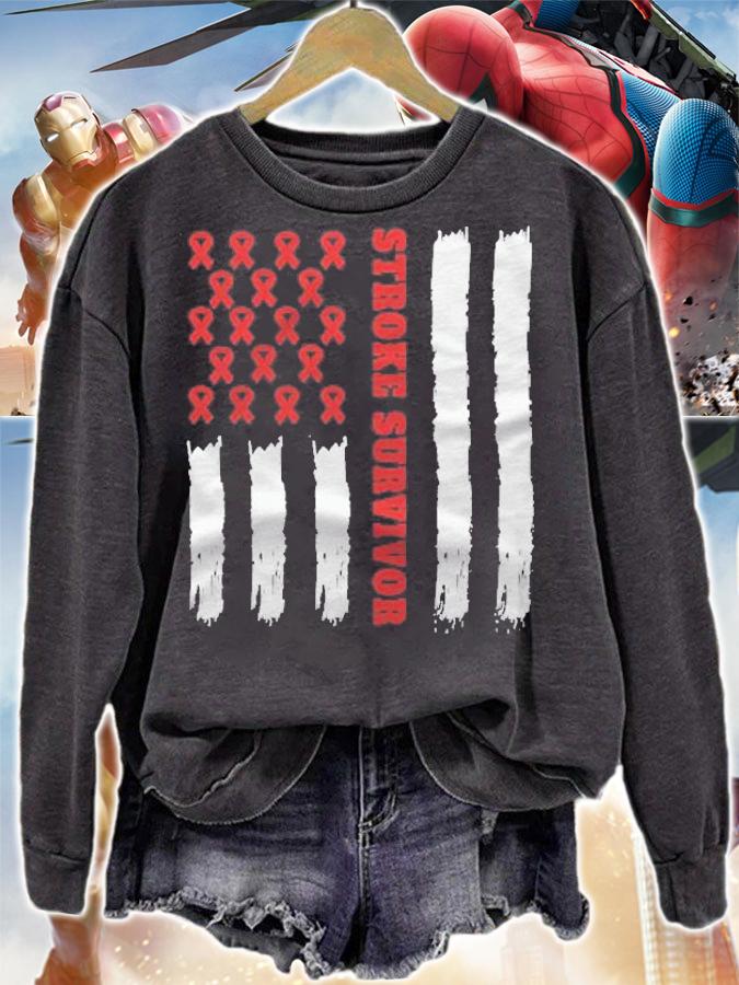 Stroke Survivor American Flag Red Ribbon Pullover Shirt