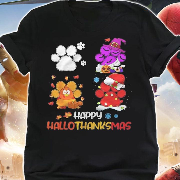 Happy Hallothanksmas Dog Paws Halloween Thanksgiving Dog T-shirt