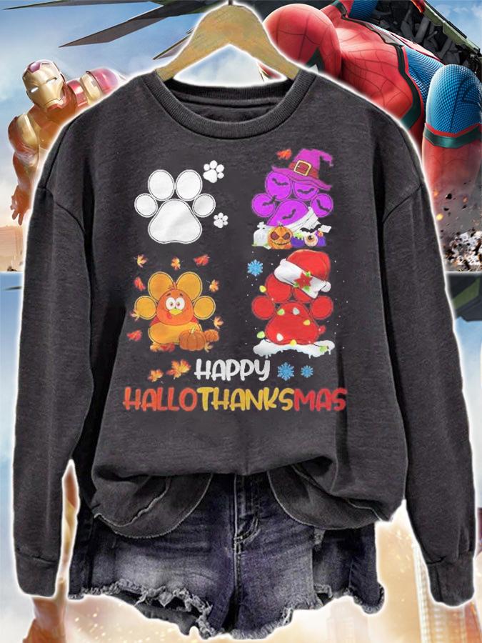 Happy Hallothanksmas Dog Paws Halloween Thanksgiving Dog T-shirt