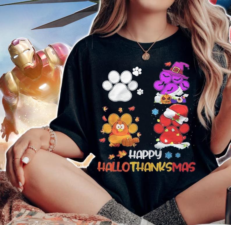 Happy Hallothanksmas Dog Paws Halloween Thanksgiving Dog T-shirt
