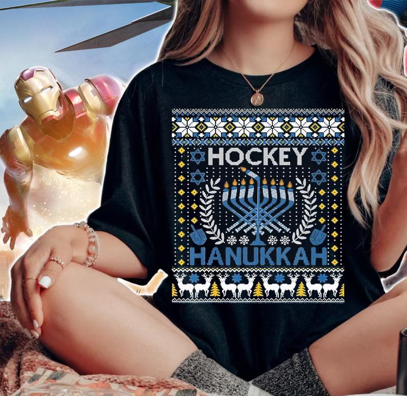 Funny Hockey Menorah Hanukkah Jewish Festival Holiday T-Shirt woman shirt