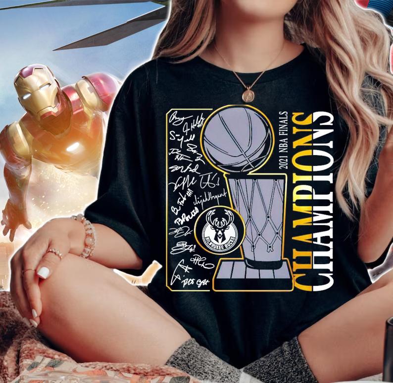 2021 NBA Finals Champions Milwaukee Bucks signatures t-shirt woman shirt