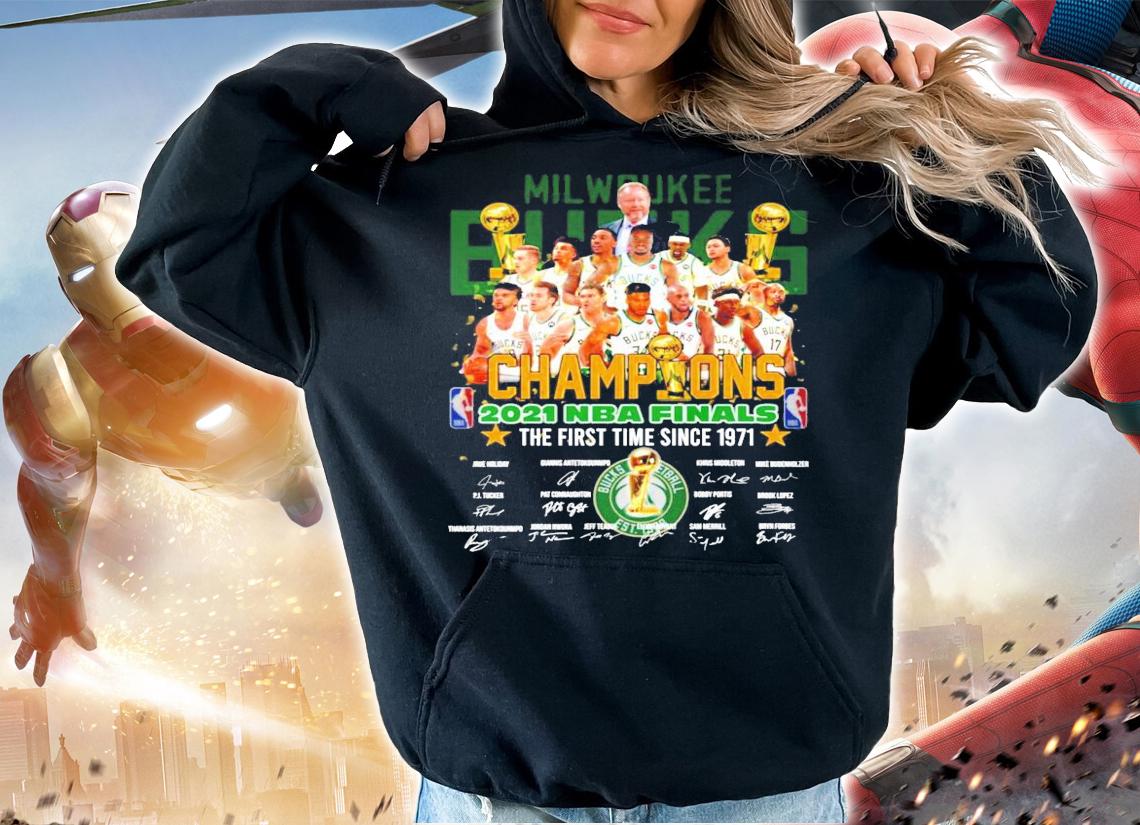 Milwaukee Bucks Champions 2021 NBA Finals the first time since 1971 signatures shirt hoodie