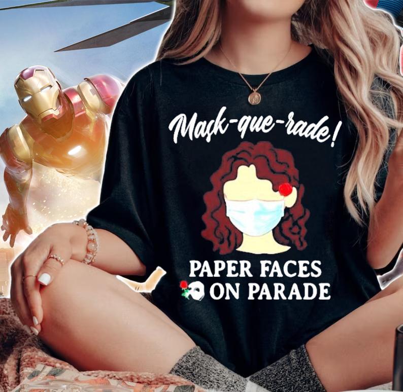 Mask-que-rade paper eaces on parade shirt woman shirt